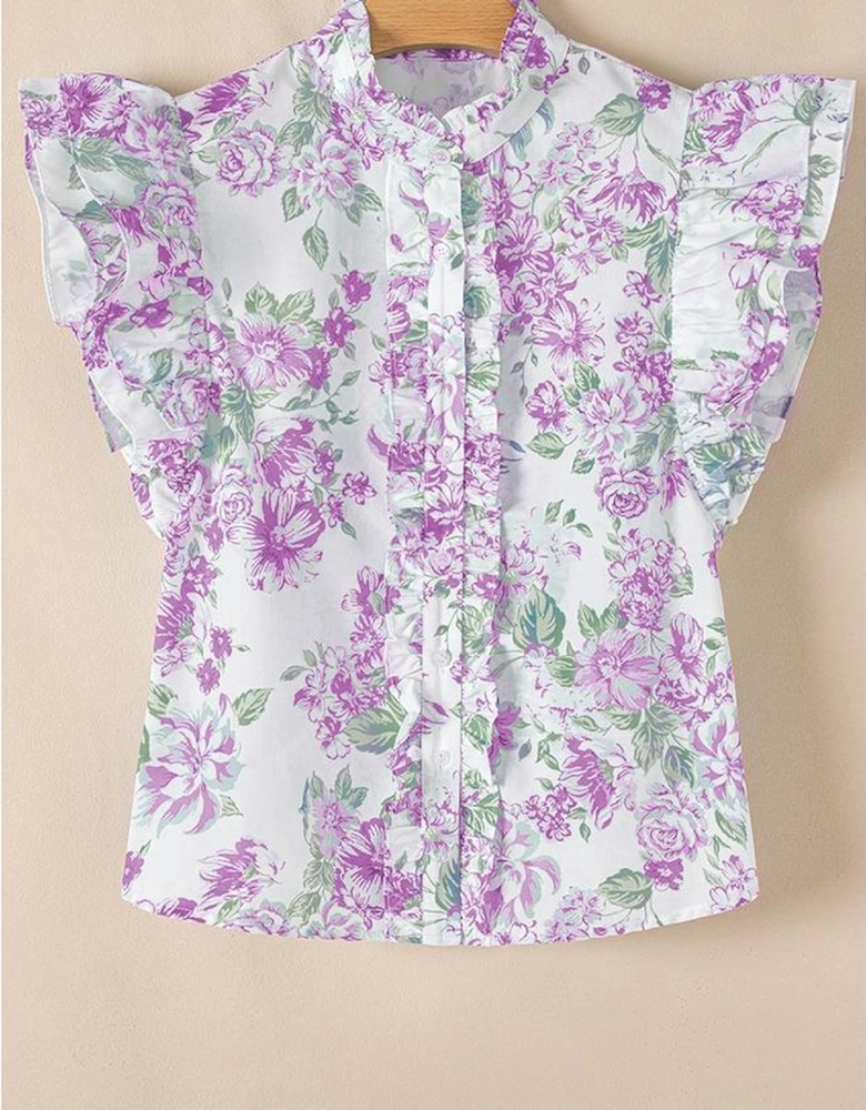 Purple Floral Print Ruffle Sleeve Frilly Button Up Shirt