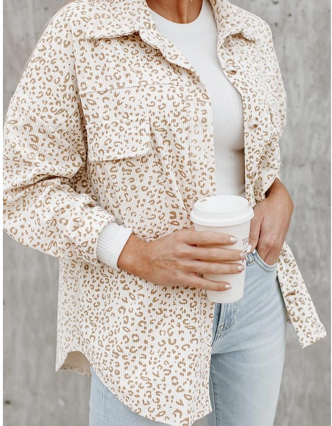 Beige Leopard Print Flap Pockets Buttoned Corduroy Shacket