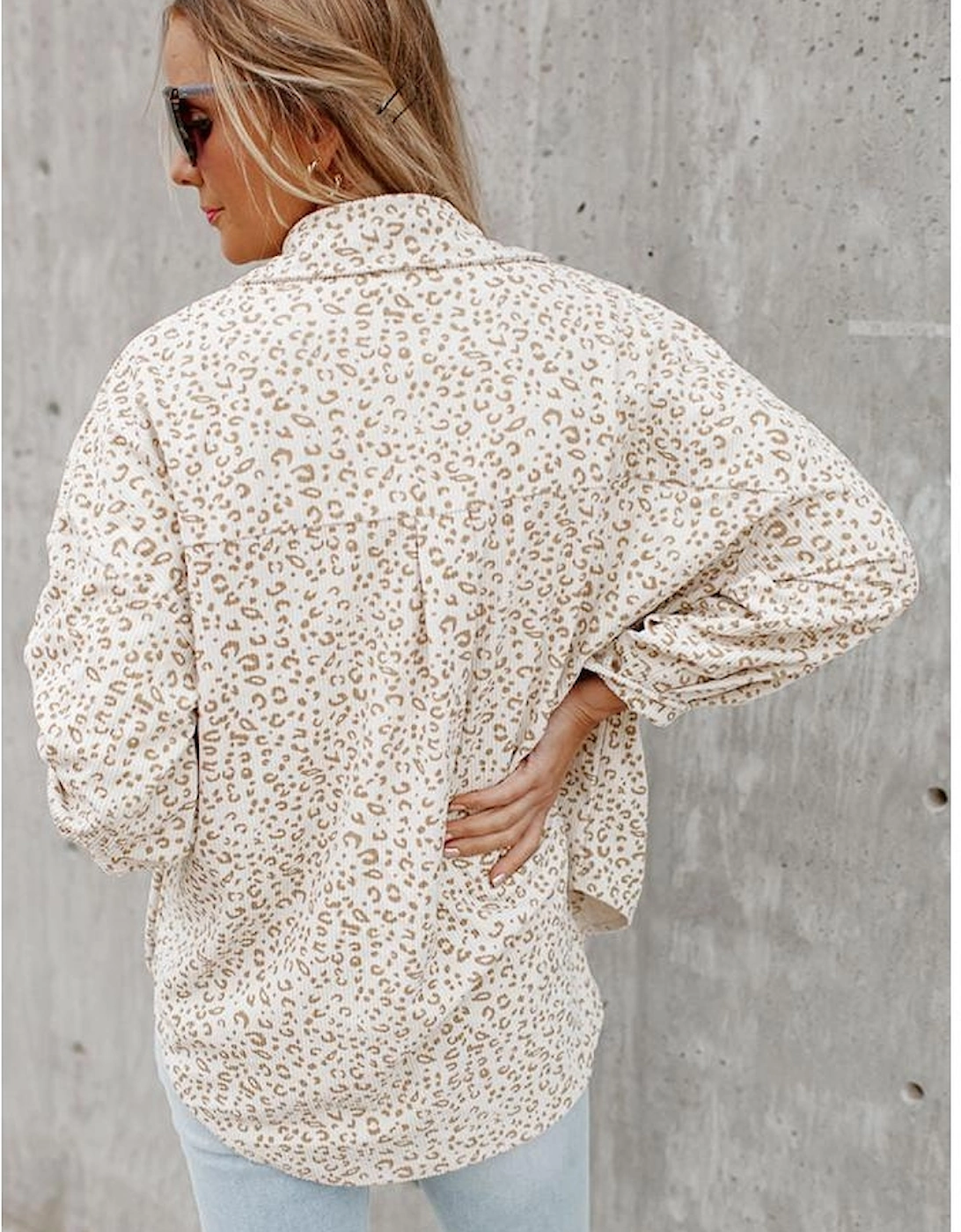Beige Leopard Print Flap Pockets Buttoned Corduroy Shacket, 16 of 15