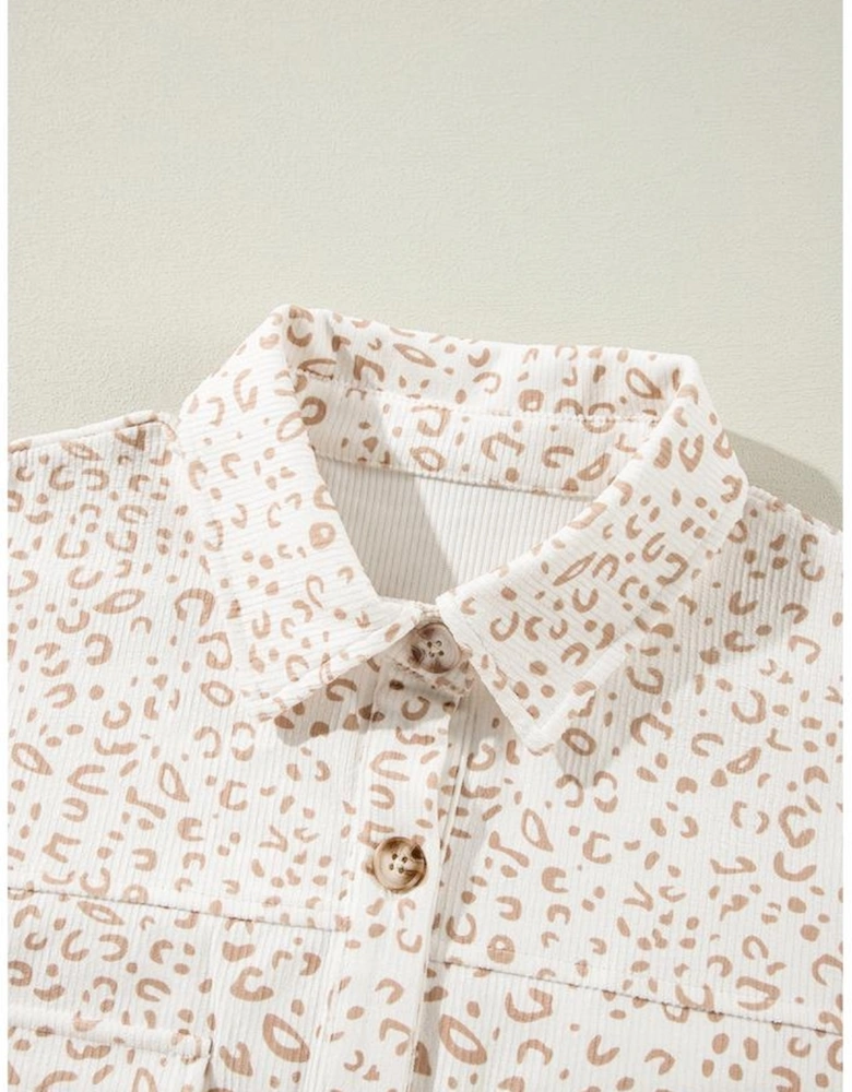 Beige Leopard Print Flap Pockets Buttoned Corduroy Shacket