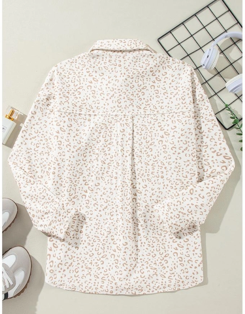 Beige Leopard Print Flap Pockets Buttoned Corduroy Shacket