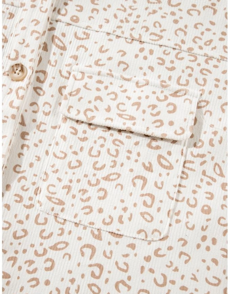 Beige Leopard Print Flap Pockets Buttoned Corduroy Shacket