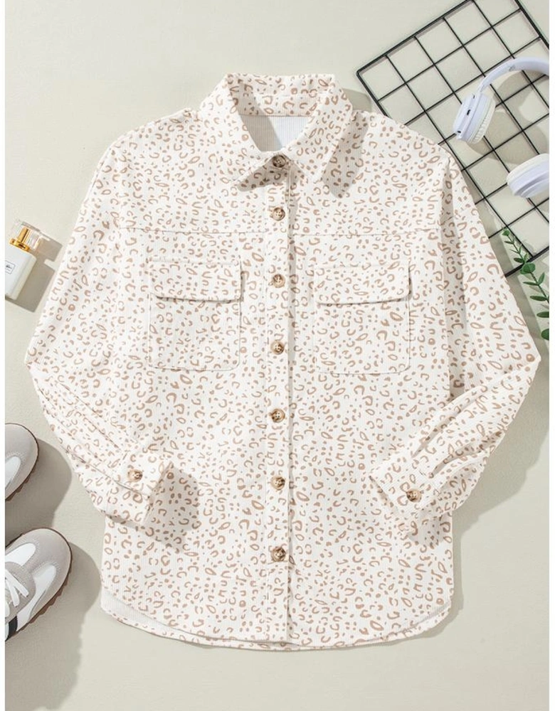 Beige Leopard Print Flap Pockets Buttoned Corduroy Shacket