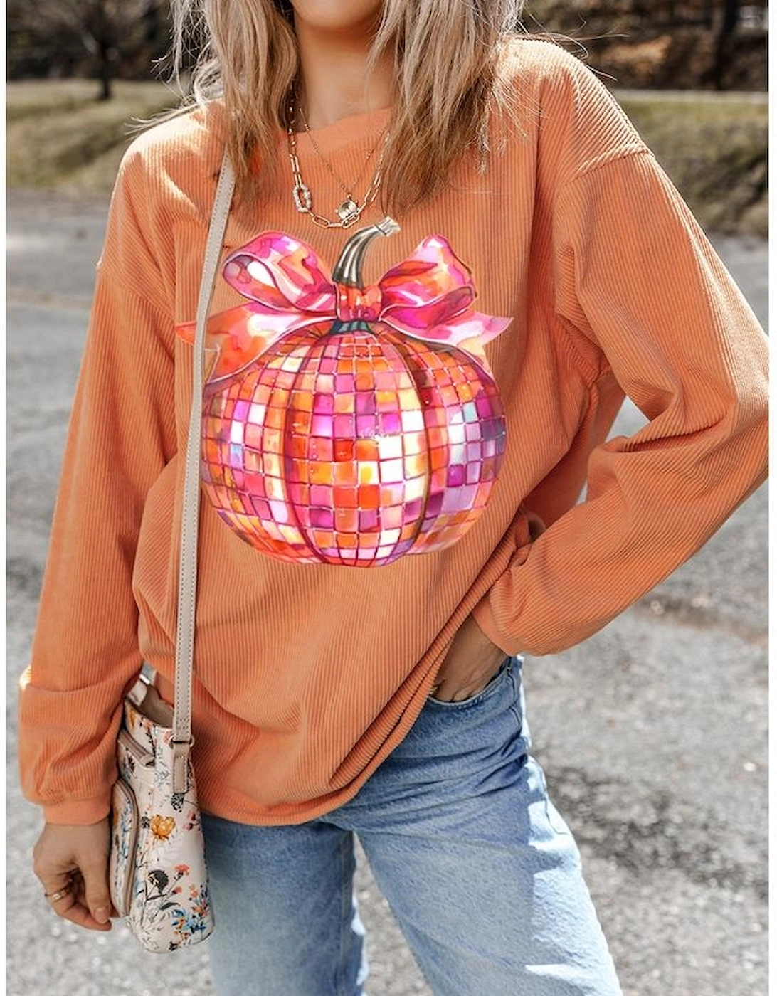 Orange Bow Pumpkin Graphic Crewneck Corded Thanksgiving Sweatshirt