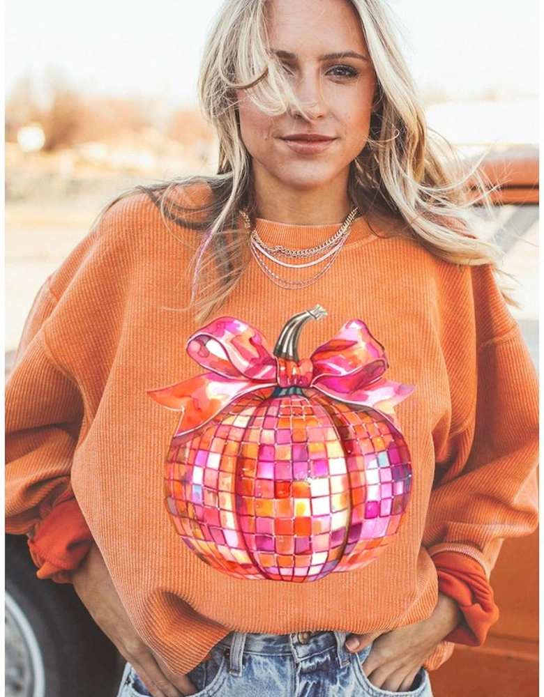 Orange Bow Pumpkin Graphic Crewneck Corded Thanksgiving Sweatshirt