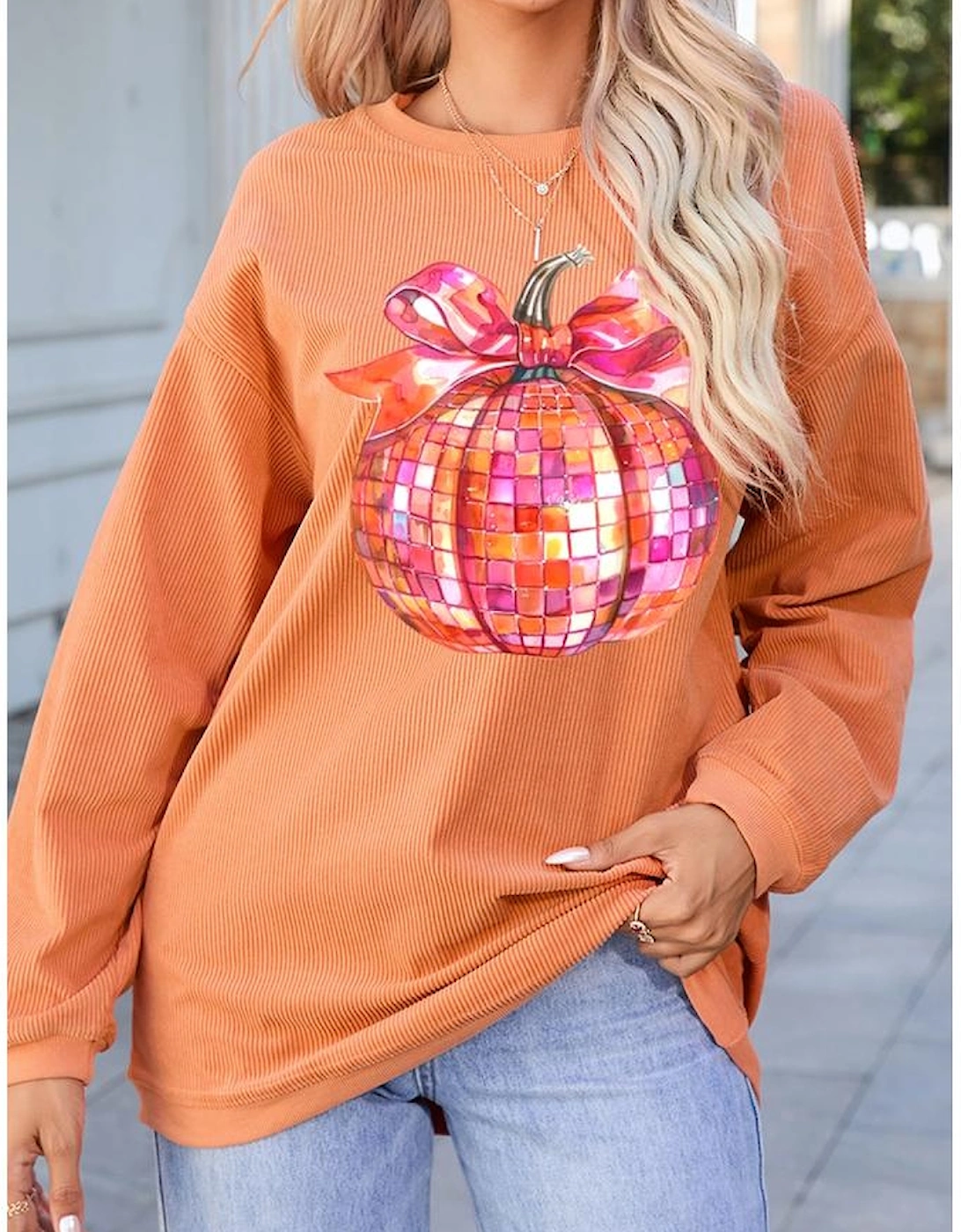 Orange Bow Pumpkin Graphic Crewneck Corded Thanksgiving Sweatshirt