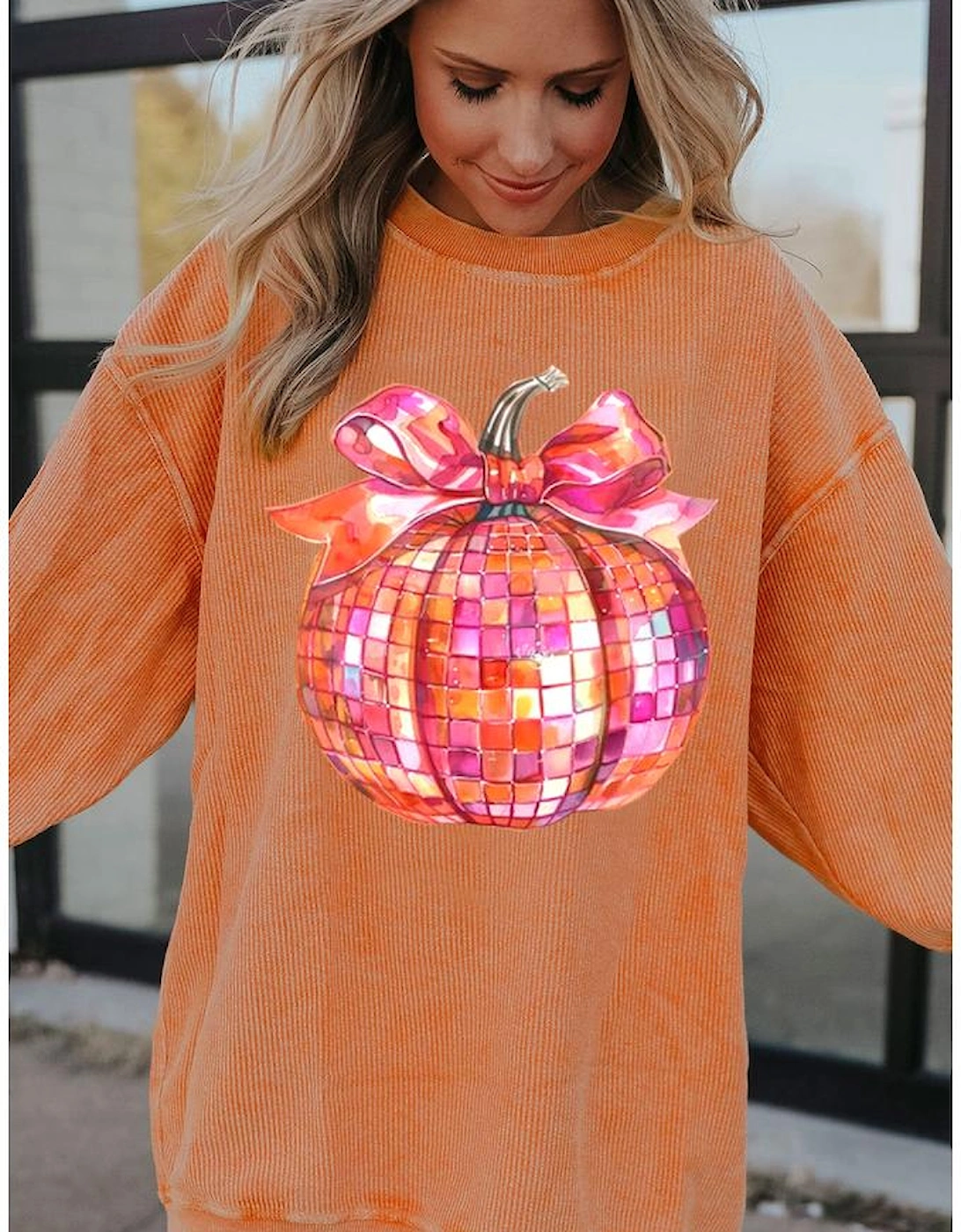 Orange Bow Pumpkin Graphic Crewneck Corded Thanksgiving Sweatshirt