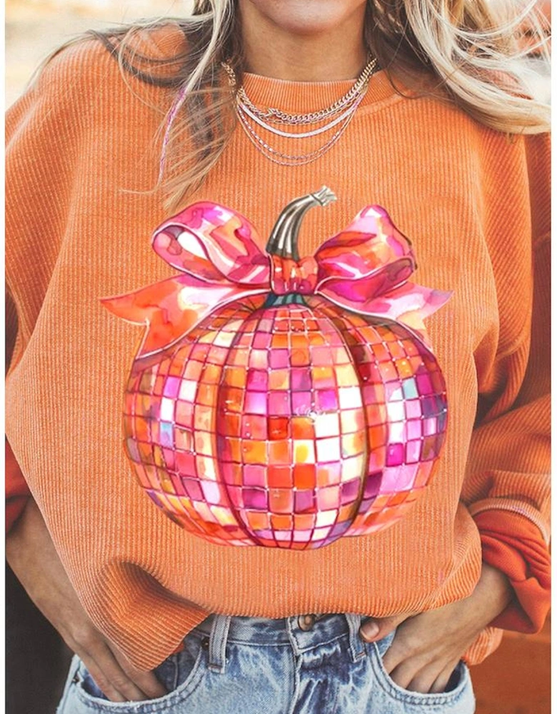 Orange Bow Pumpkin Graphic Crewneck Corded Thanksgiving Sweatshirt