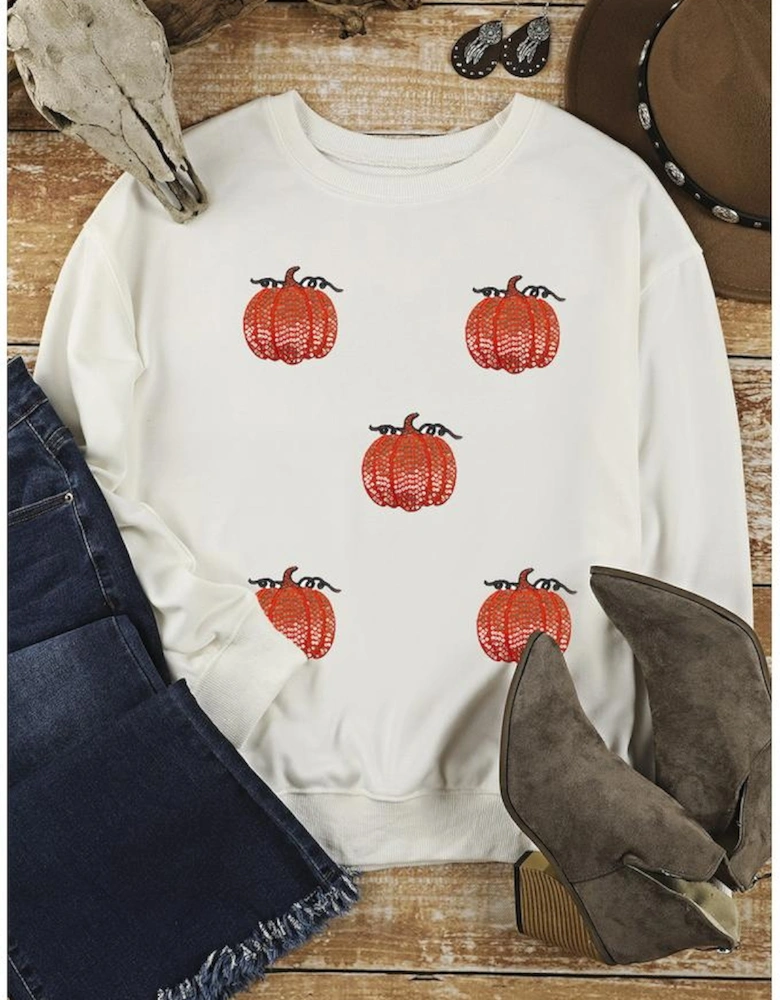 White Sequin Pumpkin Patched Drop Shoulder Sweatshirt