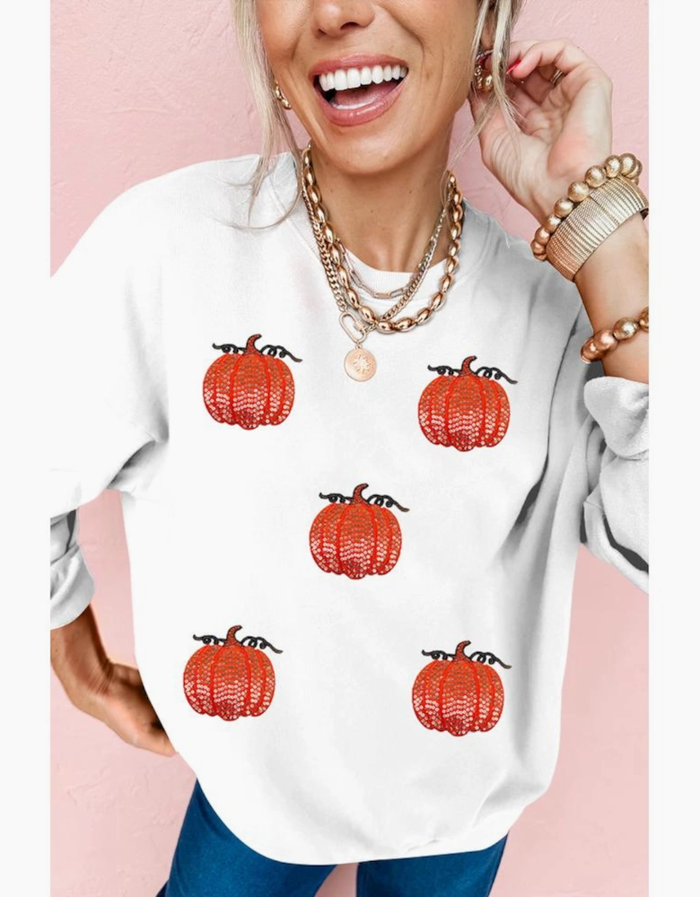 White Sequin Pumpkin Patched Drop Shoulder Sweatshirt
