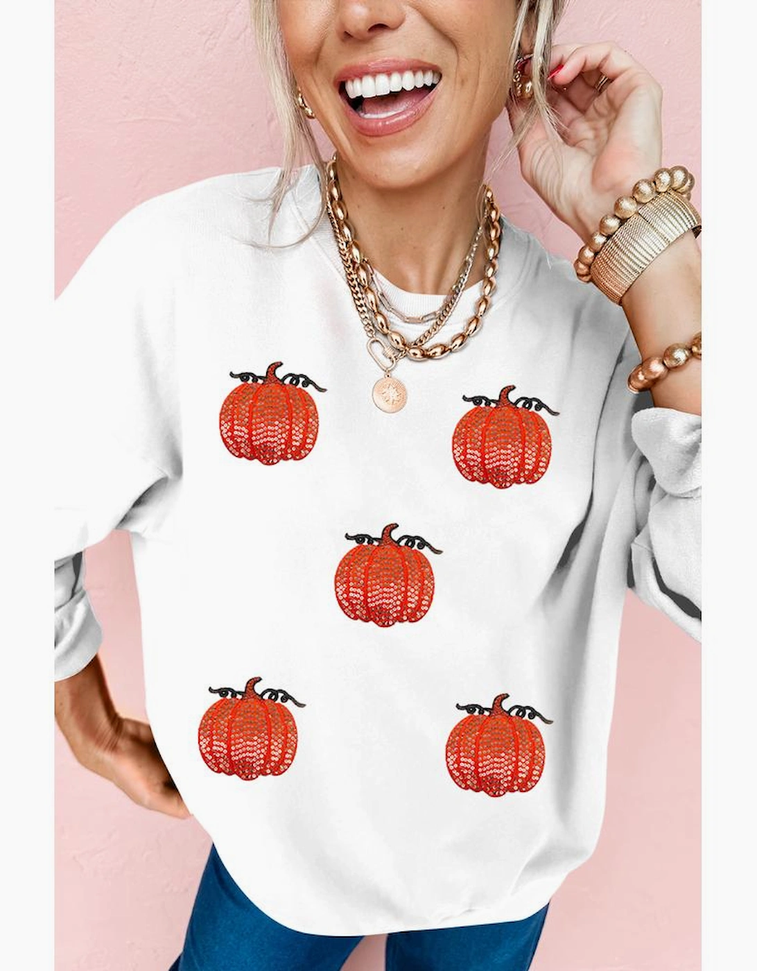 White Sequin Pumpkin Patched Drop Shoulder Sweatshirt