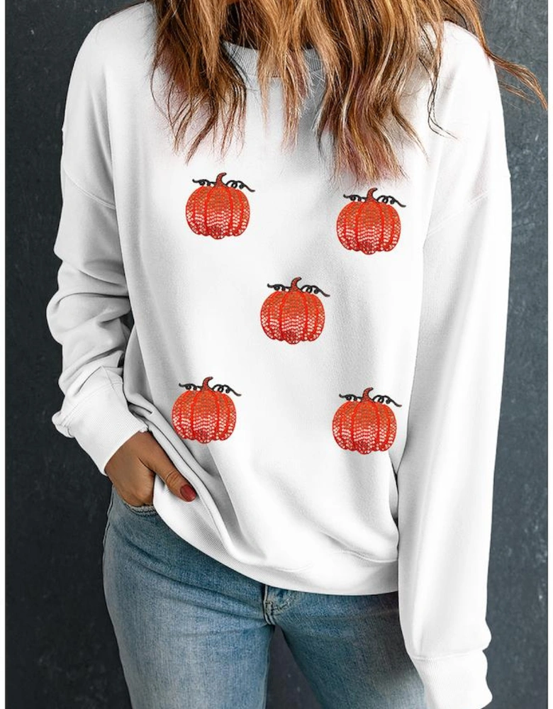 White Sequin Pumpkin Patched Drop Shoulder Sweatshirt
