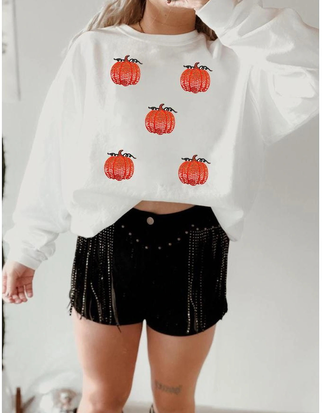 White Sequin Pumpkin Patched Drop Shoulder Sweatshirt