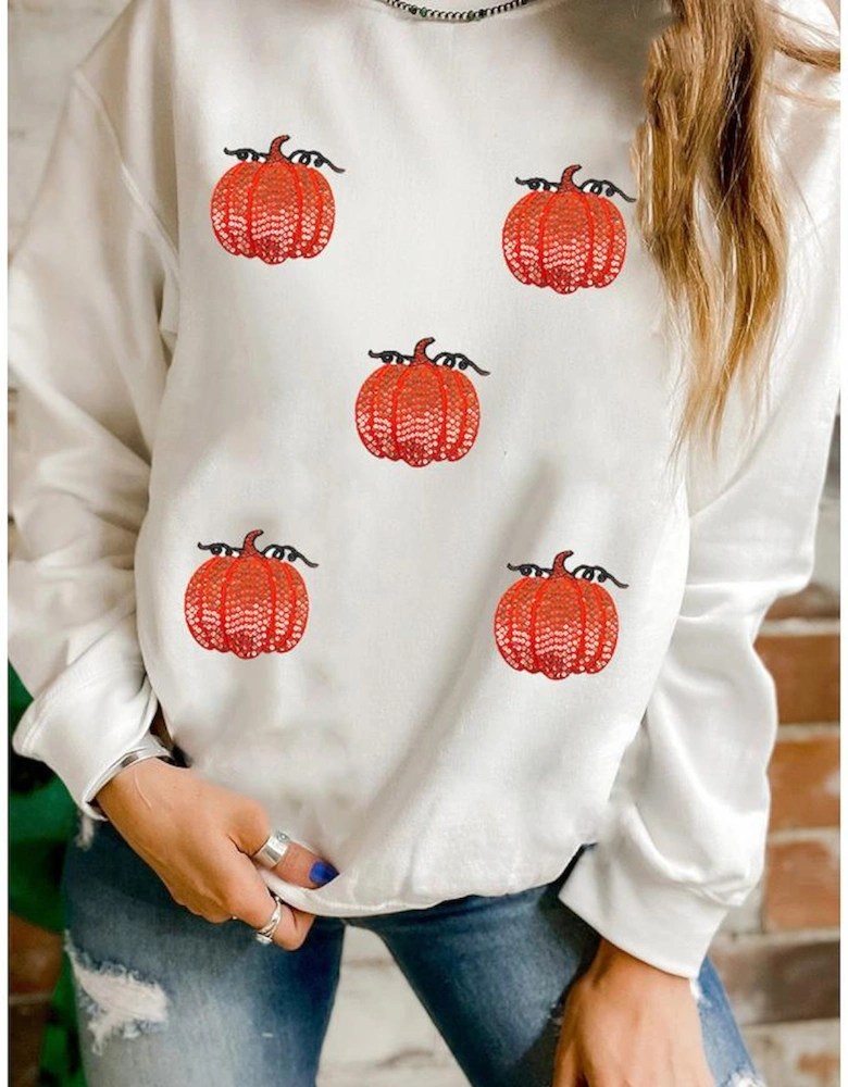 White Sequin Pumpkin Patched Drop Shoulder Sweatshirt