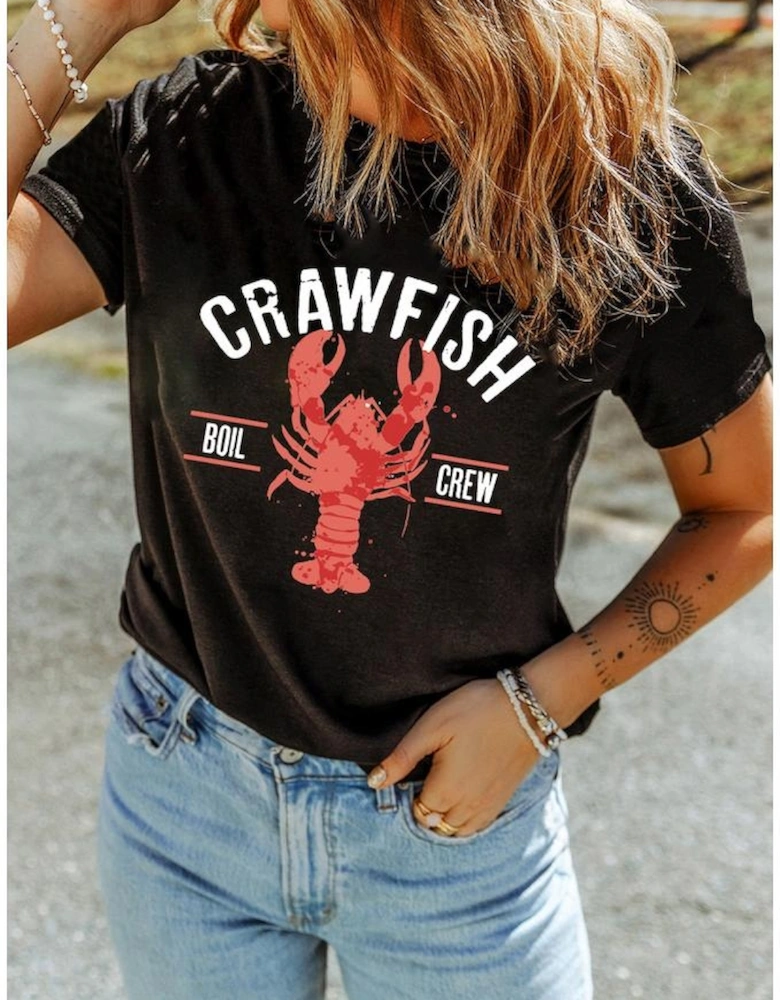 Black CRAWFISH BOIL CREW Distressed Letter Graphic T Shirt