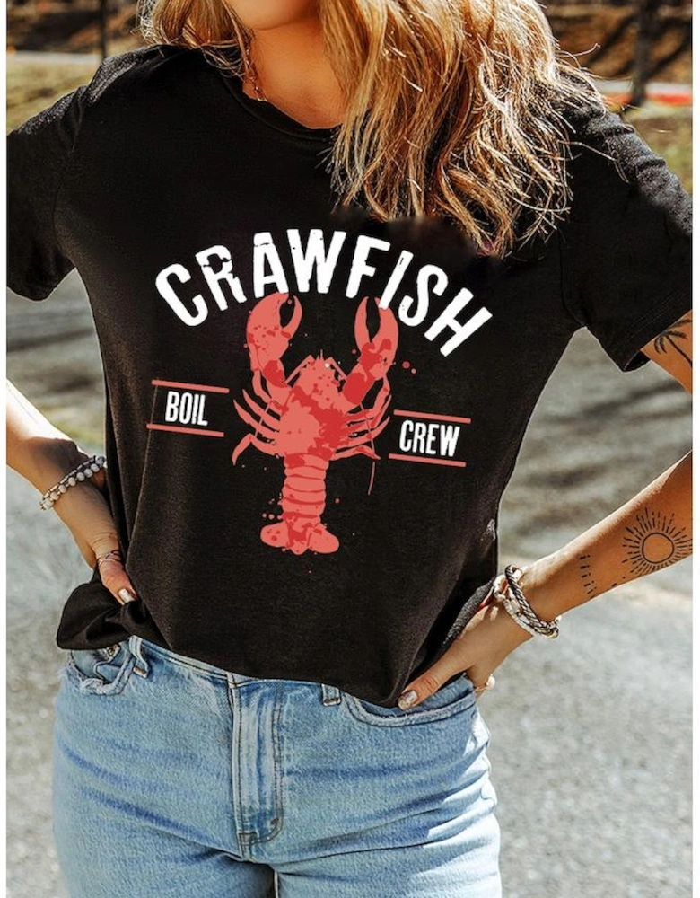 Black CRAWFISH BOIL CREW Distressed Letter Graphic T Shirt