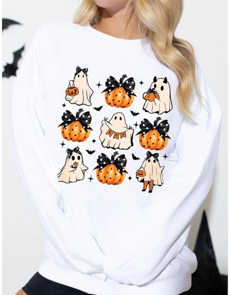 Beige Halloween Ghost Pumpkin Print Crew Neck Sweatshirt