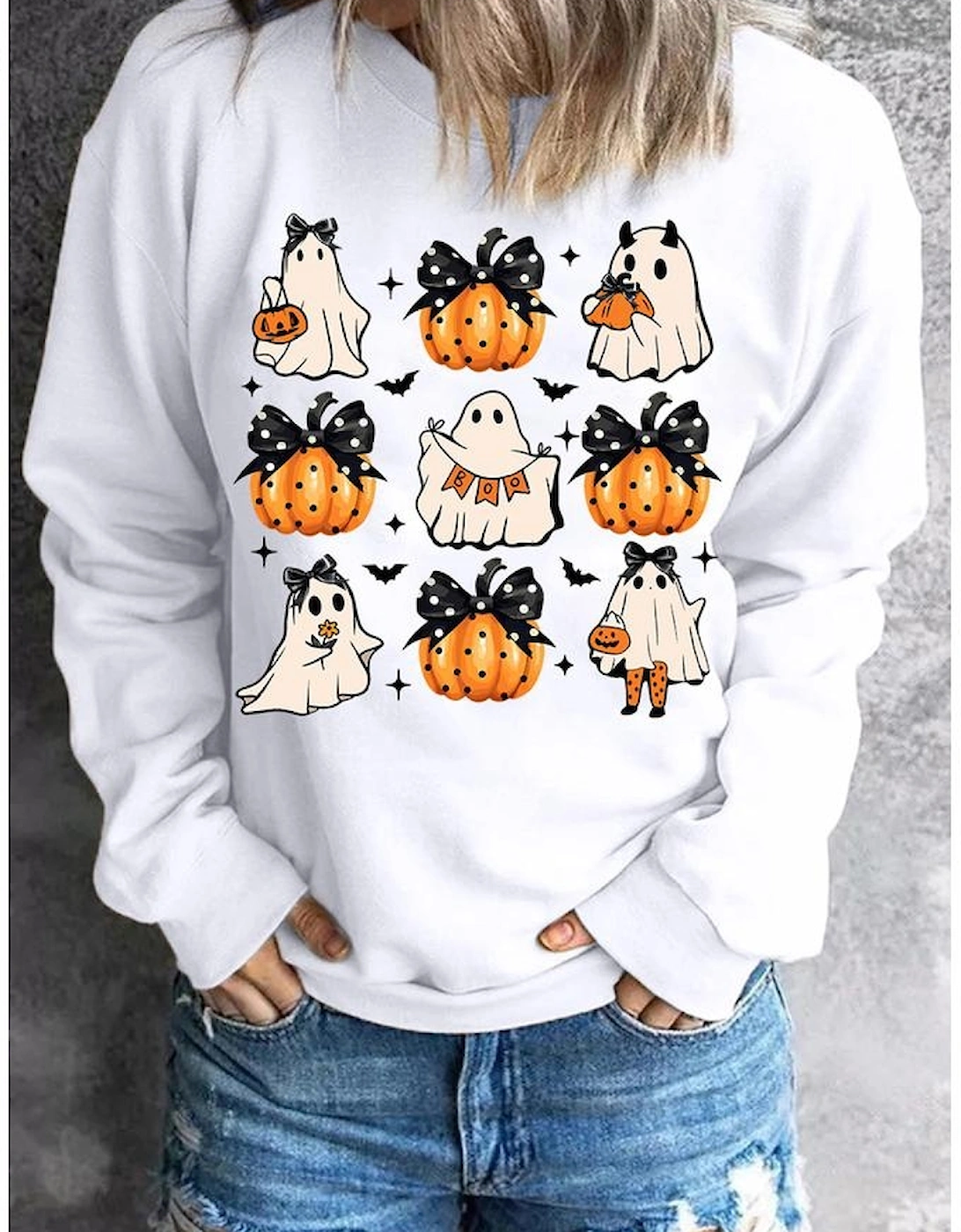 Beige Halloween Ghost Pumpkin Print Crew Neck Sweatshirt, 7 of 6