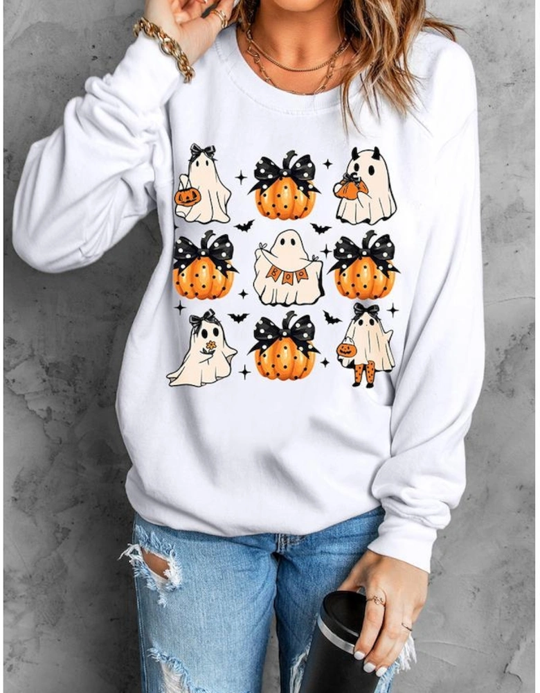 Beige Halloween Ghost Pumpkin Print Crew Neck Sweatshirt