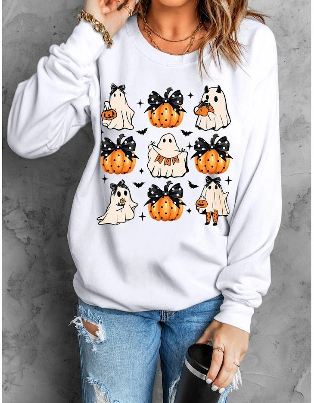 Beige Halloween Ghost Pumpkin Print Crew Neck Sweatshirt