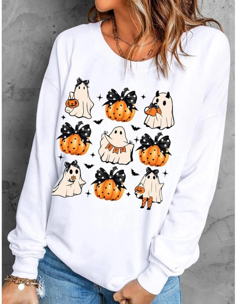 Beige Halloween Ghost Pumpkin Print Crew Neck Sweatshirt