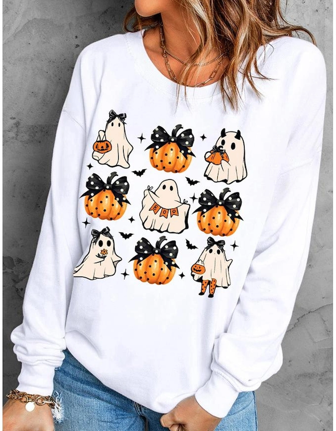 Beige Halloween Ghost Pumpkin Print Crew Neck Sweatshirt