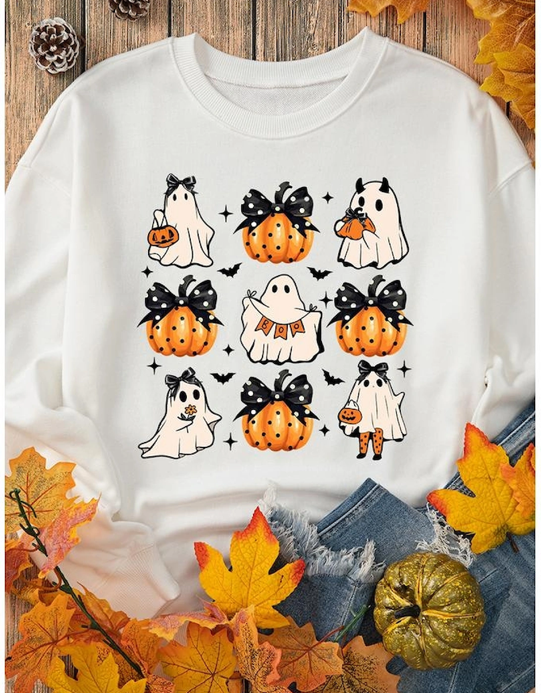 Beige Halloween Ghost Pumpkin Print Crew Neck Sweatshirt