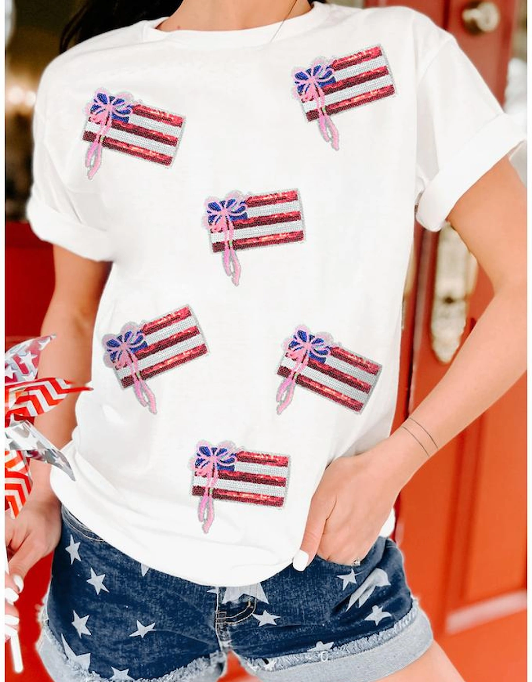 White Sequin Bow American Flag Patched T Shirt