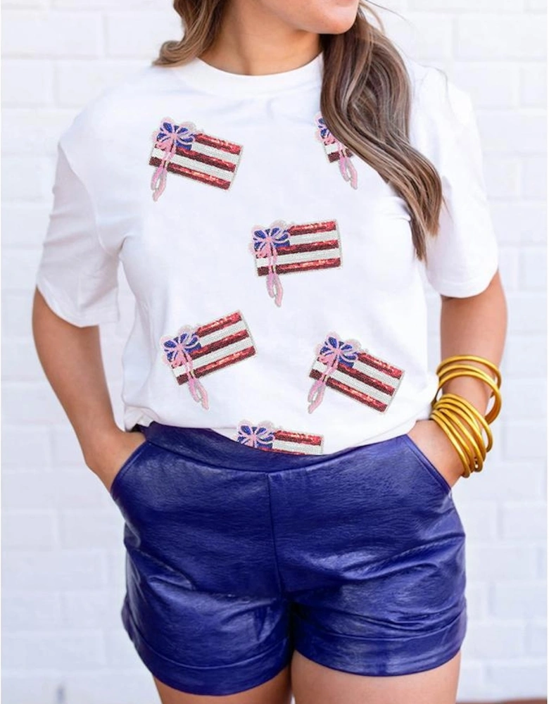 White Sequin Bow American Flag Patched T Shirt