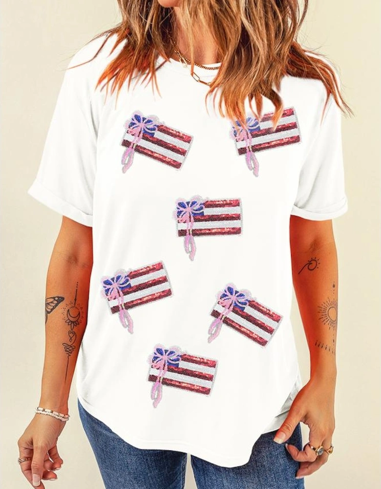 White Sequin Bow American Flag Patched T Shirt