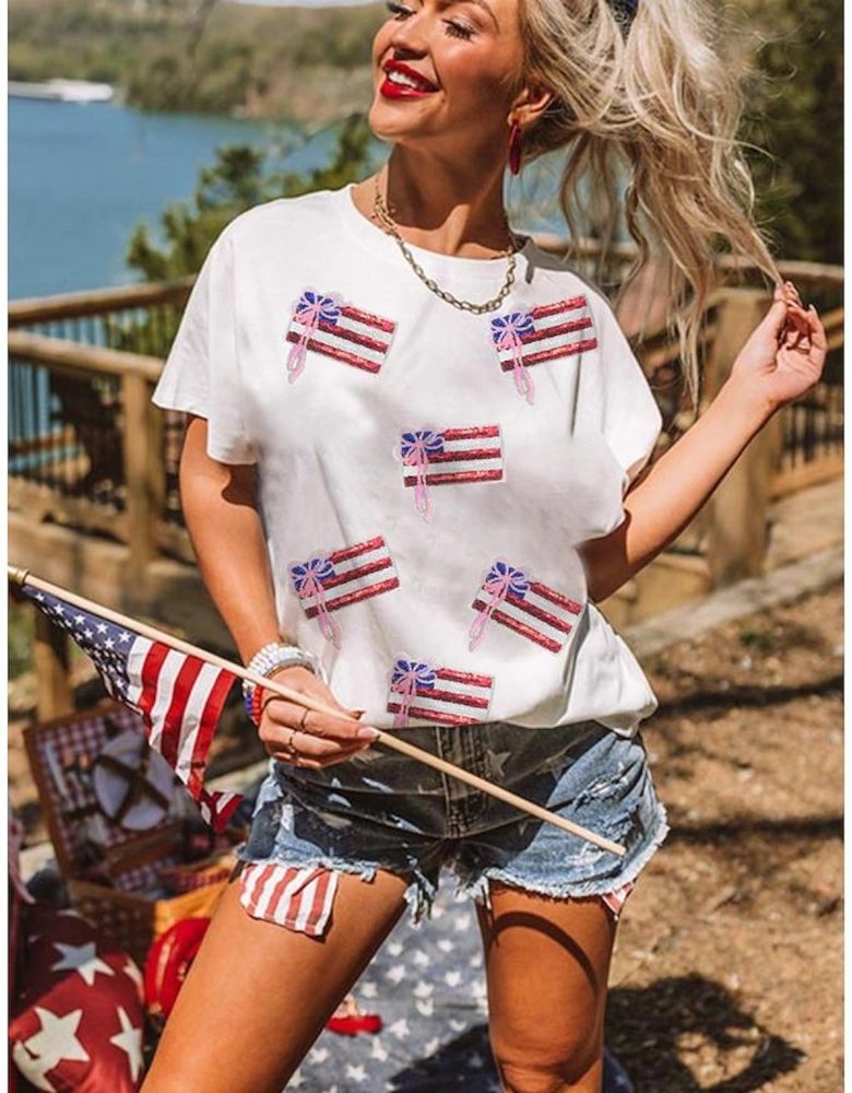 White Sequin Bow American Flag Patched T Shirt