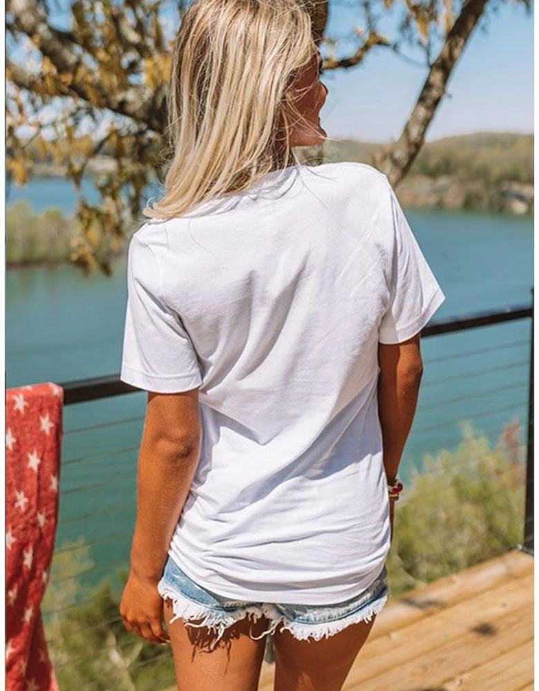 White Sequin Bow American Flag Patched T Shirt