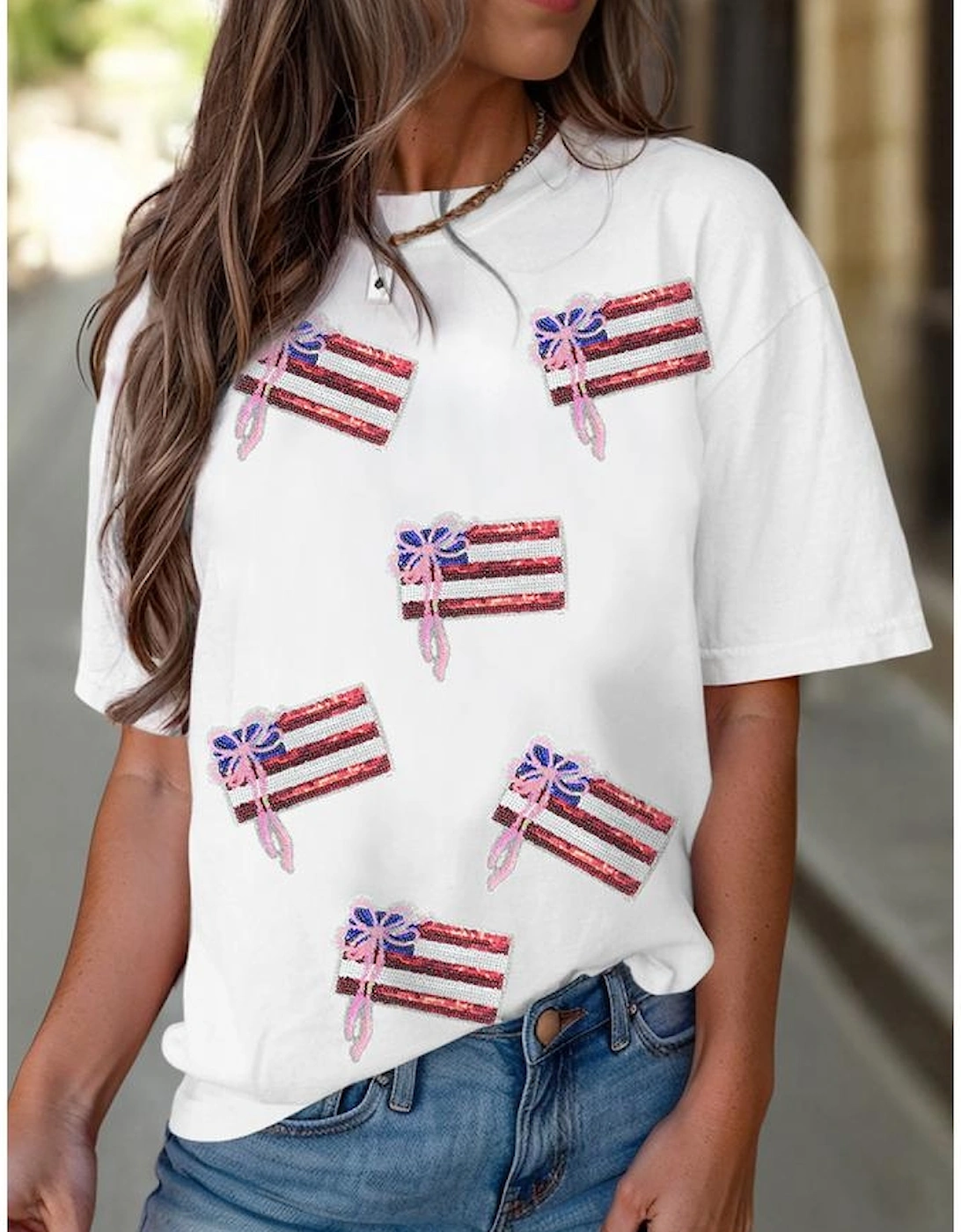 White Sequin Bow American Flag Patched T Shirt