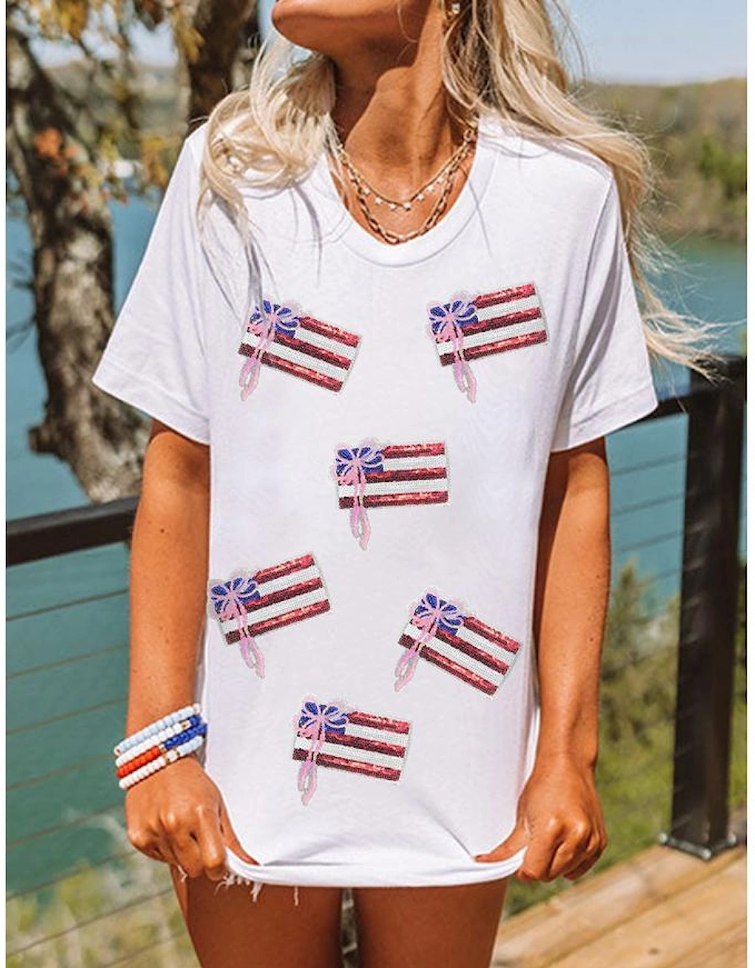 White Sequin Bow American Flag Patched T Shirt
