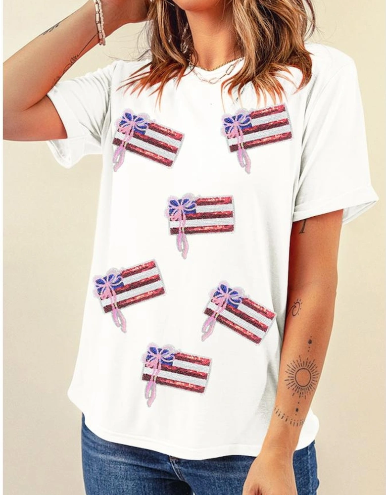 White Sequin Bow American Flag Patched T Shirt