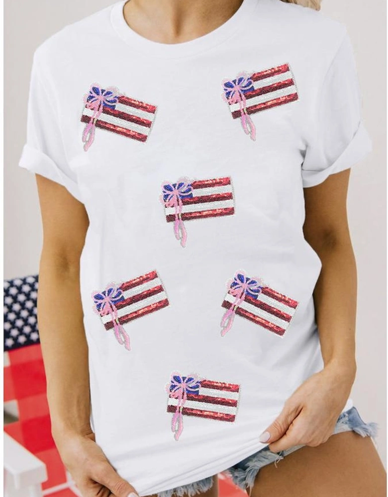 White Sequin Bow American Flag Patched T Shirt