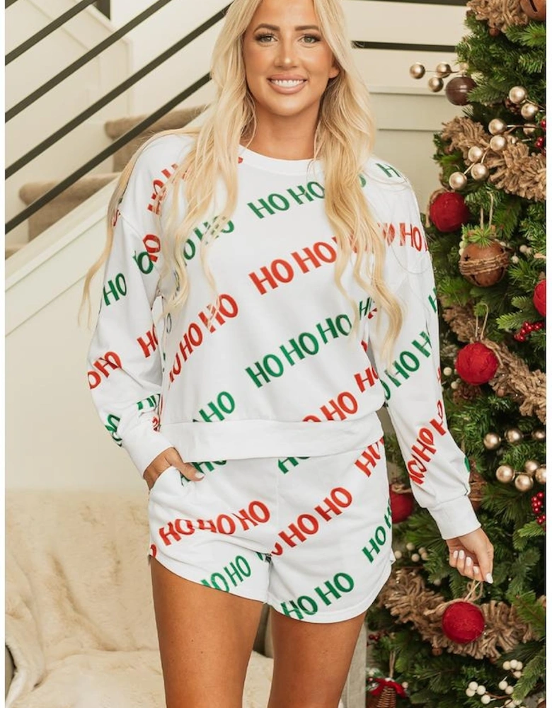 White Christmas HOHOHO Print Drop Shoulder Pullover and Casual Shorts Set