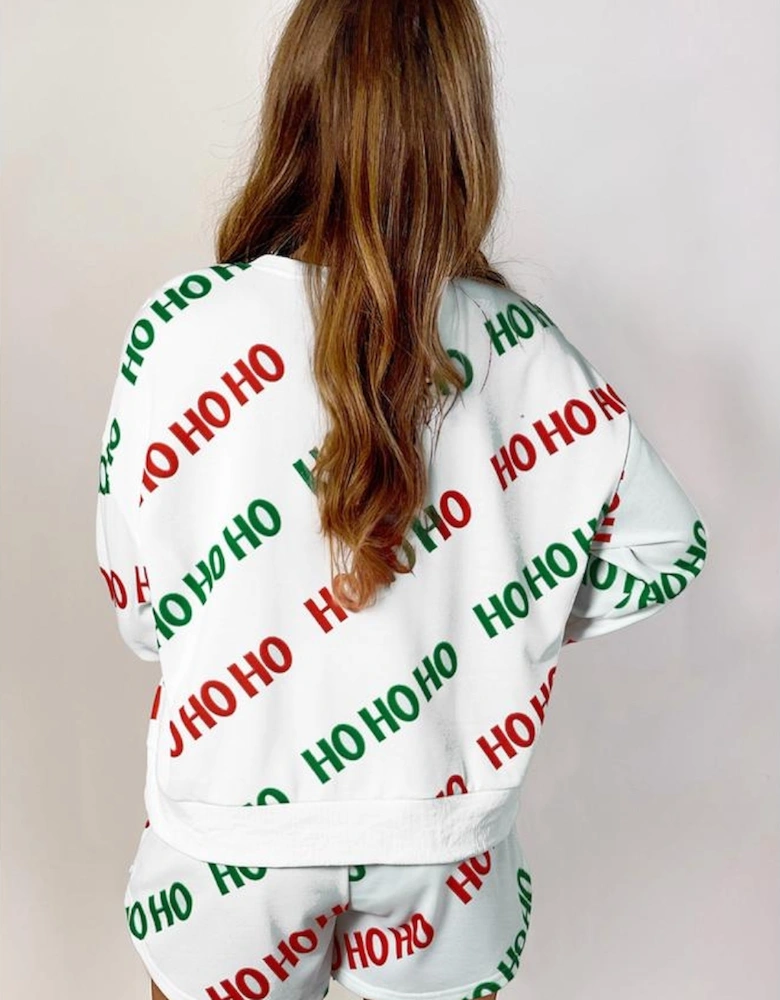 White Christmas HOHOHO Print Drop Shoulder Pullover and Casual Shorts Set