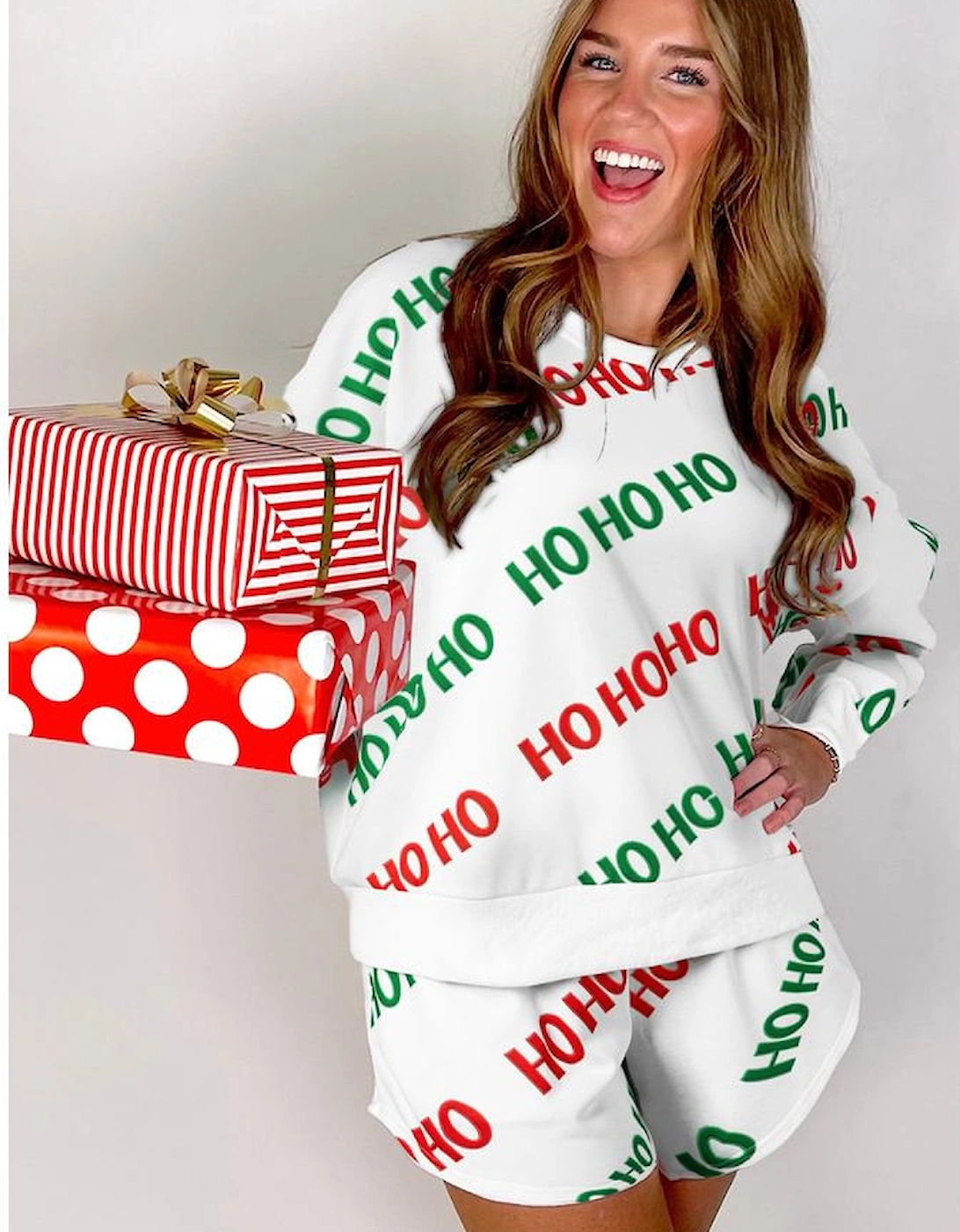 White Christmas HOHOHO Print Drop Shoulder Pullover and Casual Shorts Set