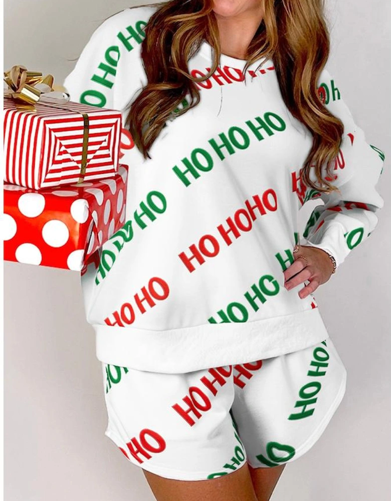 White Christmas HOHOHO Print Drop Shoulder Pullover and Casual Shorts Set