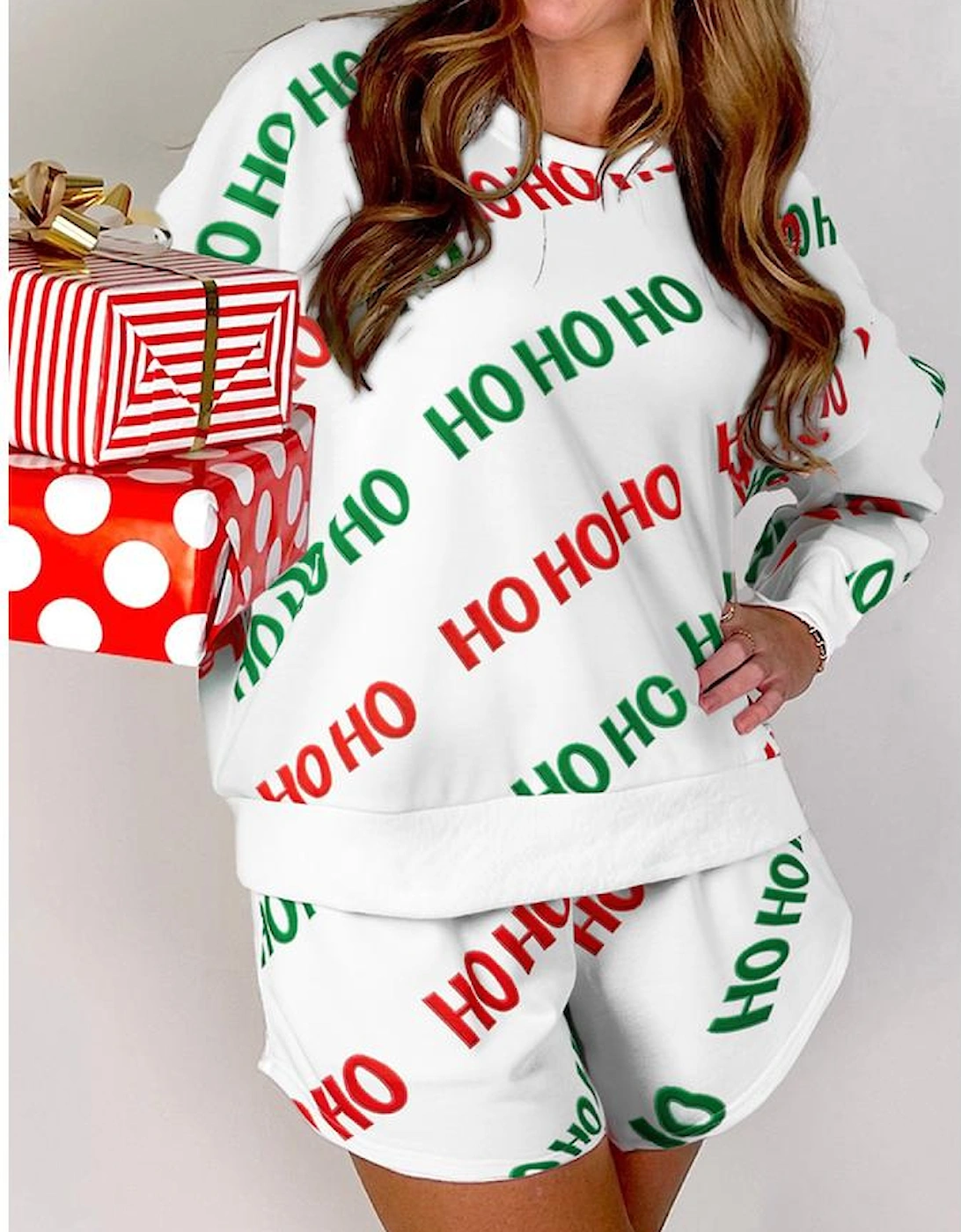 White Christmas HOHOHO Print Drop Shoulder Pullover and Casual Shorts Set