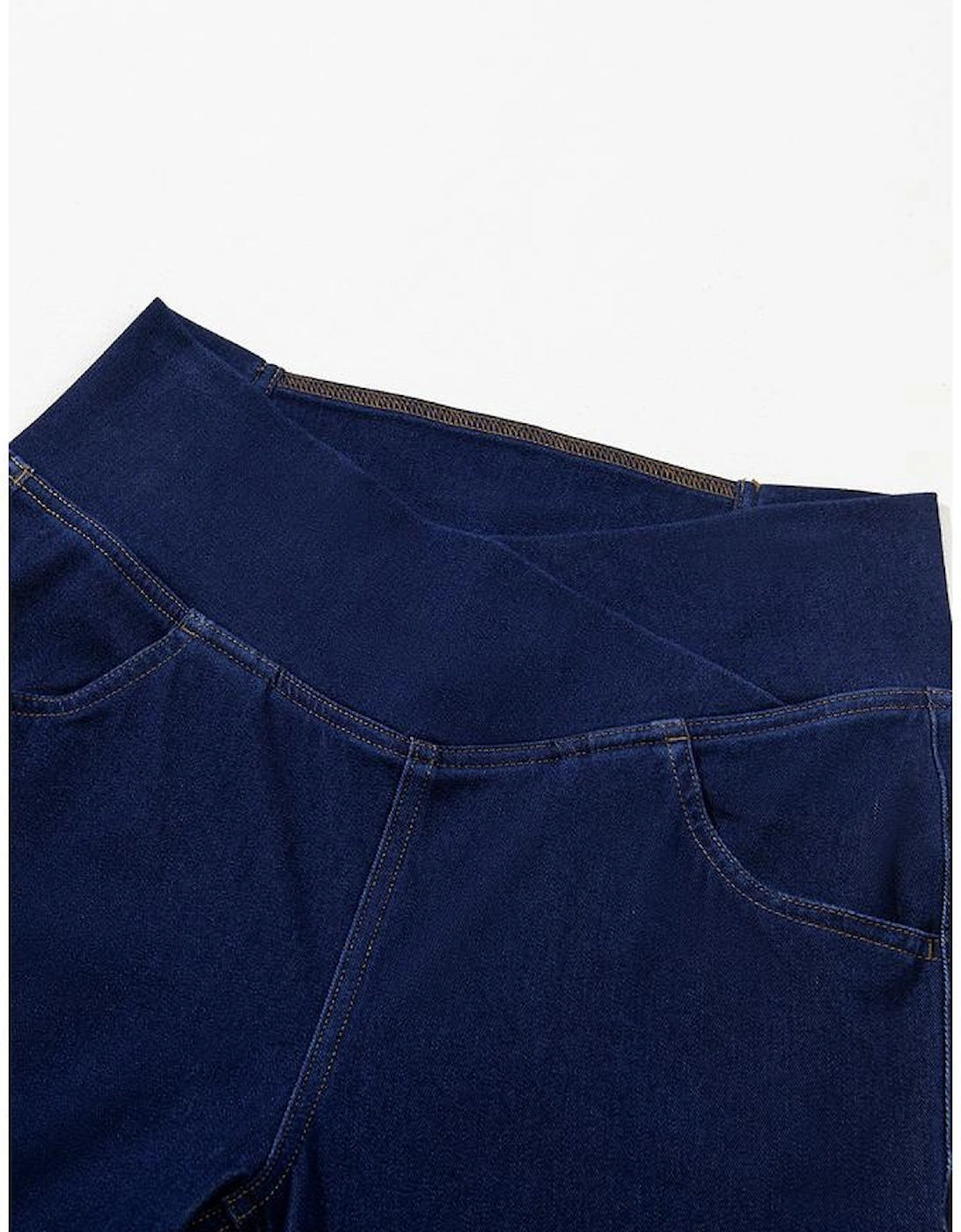 Dusk Blue Solid Crossed Waist High Elastic Fit Flare Knit Jeans