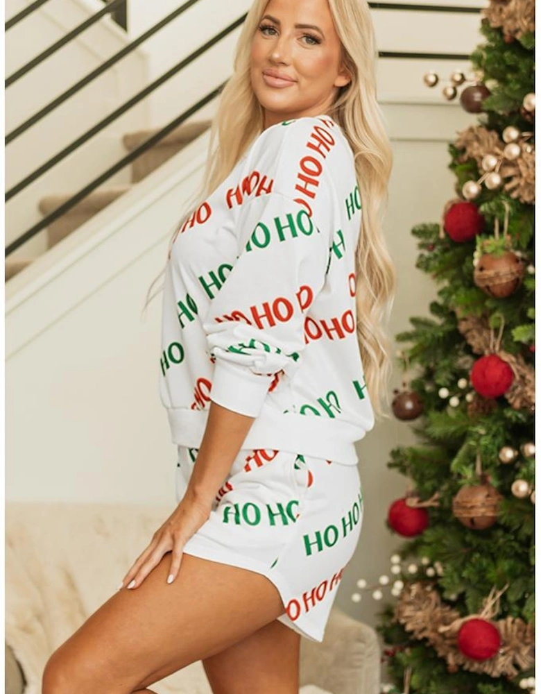 White Christmas HOHOHO Print Drop Shoulder Pullover and Casual Shorts Set