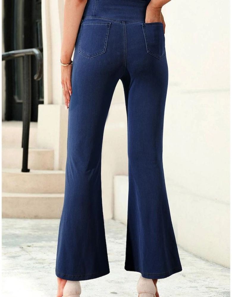 Dusk Blue Solid Crossed Waist High Elastic Fit Flare Knit Jeans