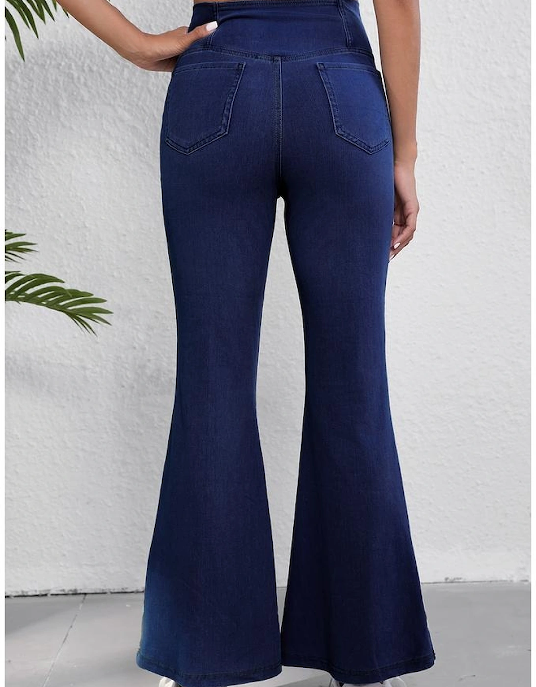 Dusk Blue Solid Crossed Waist High Elastic Fit Flare Knit Jeans