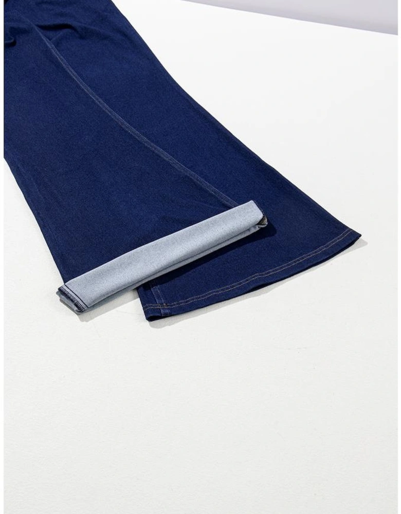 Dusk Blue Solid Crossed Waist High Elastic Fit Flare Knit Jeans