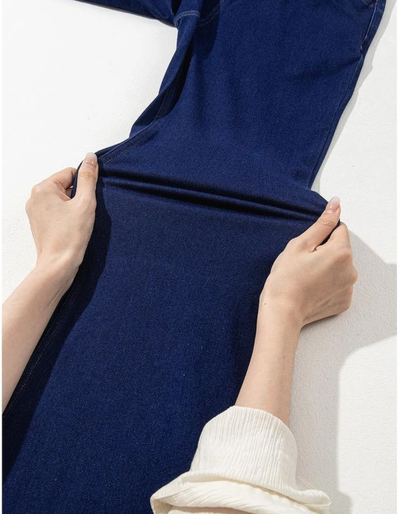 Dusk Blue Solid Crossed Waist High Elastic Fit Flare Knit Jeans