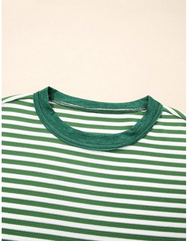 Green Stripe Exposed Seam Patchwork Plus Size Thermal Top