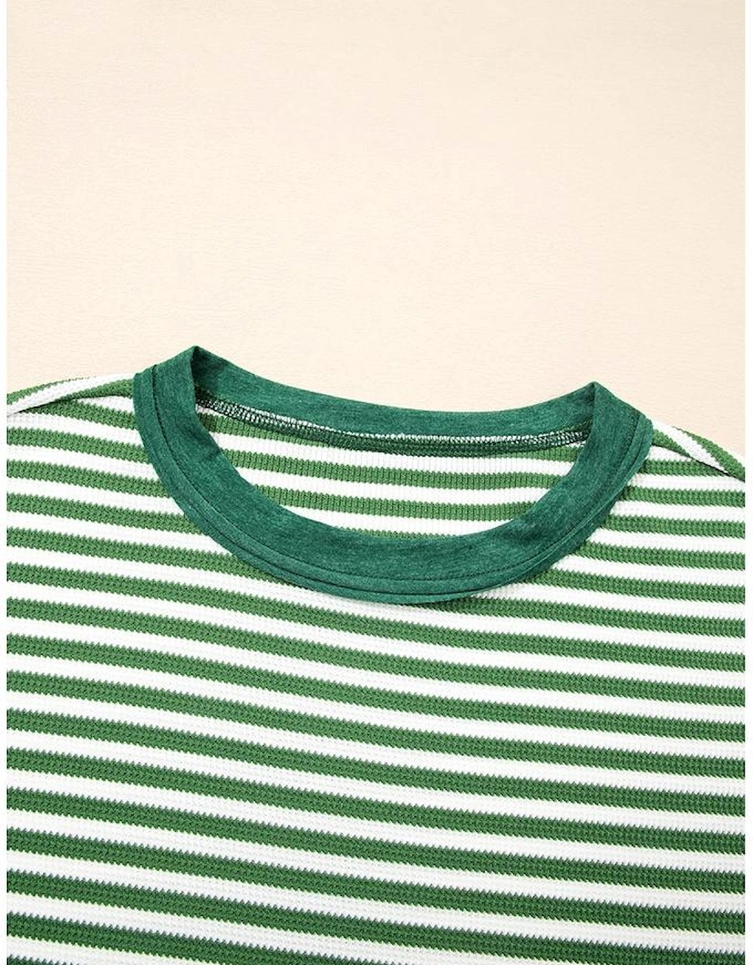 Green Stripe Exposed Seam Patchwork Plus Size Thermal Top