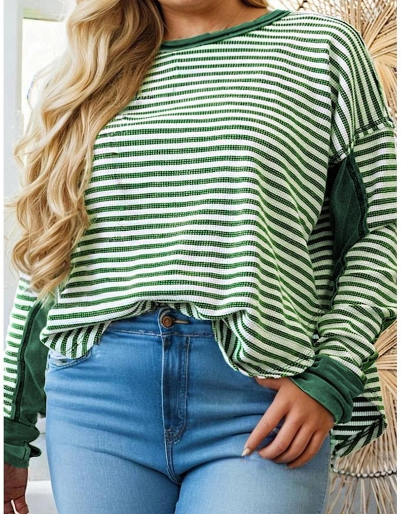 Green Stripe Exposed Seam Patchwork Plus Size Thermal Top
